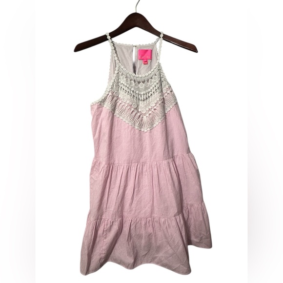 🔥Lilly Pulitzer Britt Seersucker Striped Halter Lace Dress Havana Pink - Picture 3 of 10